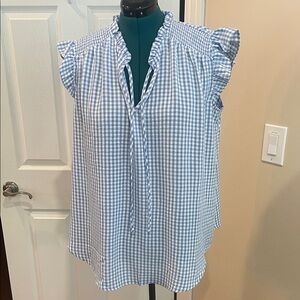 Blue gingham Checkered Blouse with Ruffle Sleeves 1X